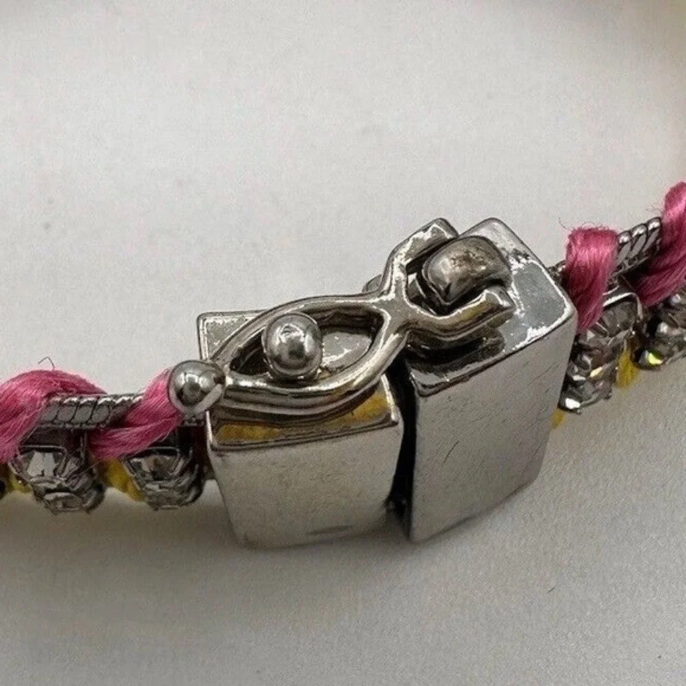 LOFT‎ Woven Rhinestone Cord Bracelet Silver Tone Pink Yellow Magnetic Clasp J-01